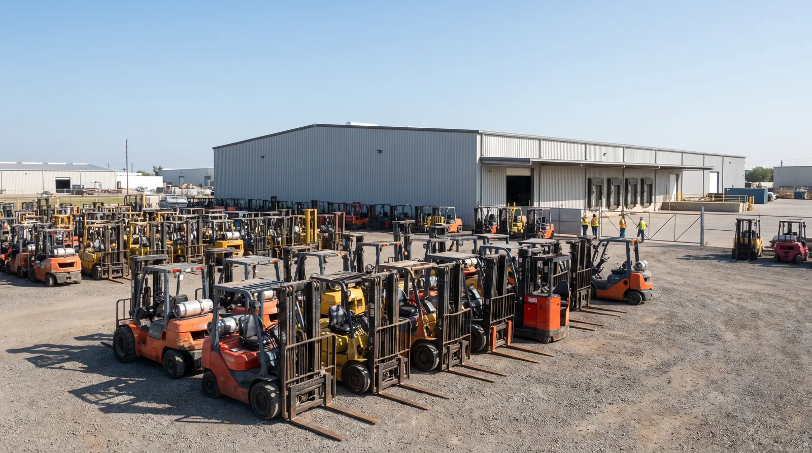 Rows of used forklifts staged in an industrial equipment yard