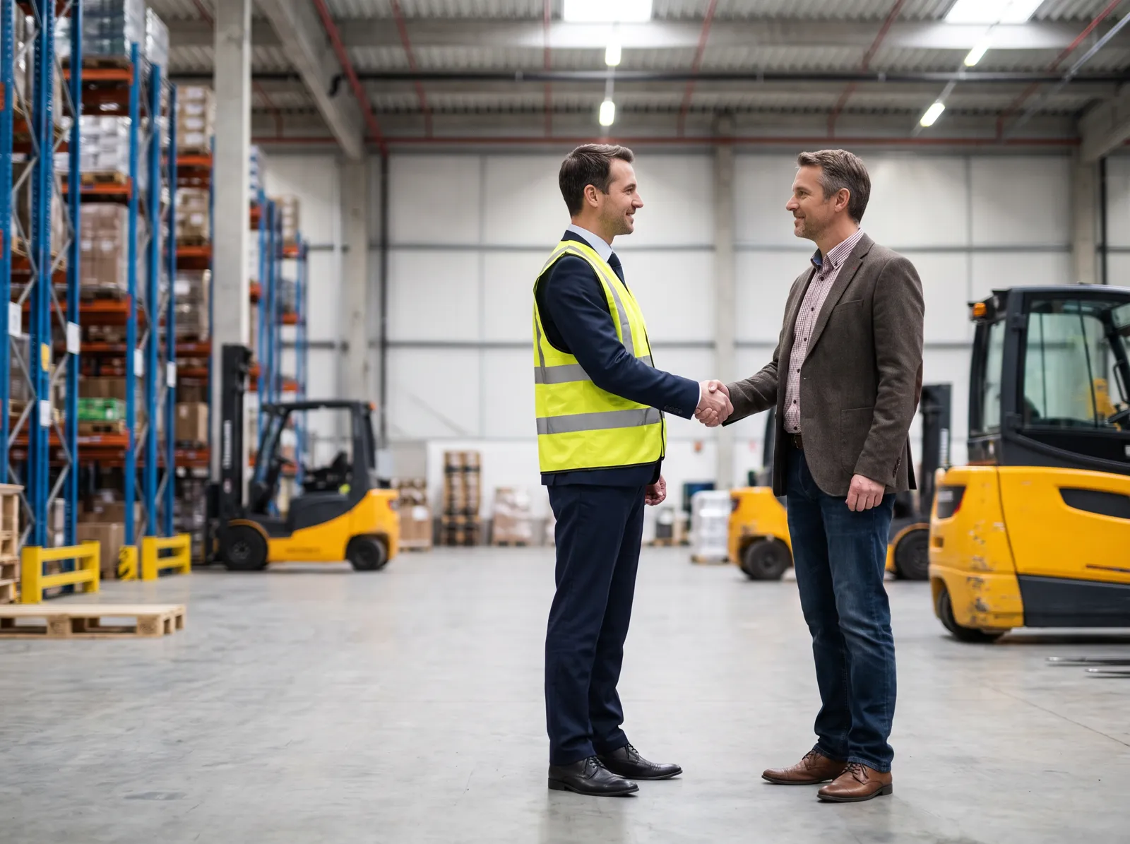 Two professionals shaking hands in a warehouse after completing an equipment sale