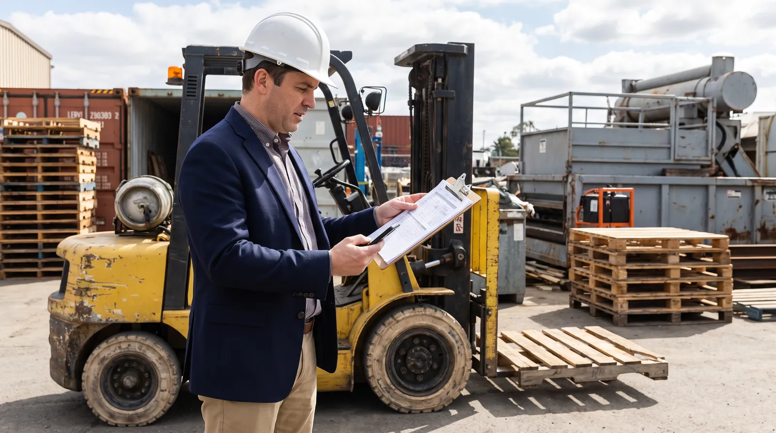 A facility manager reviewing equipment paperwork next to a forklift