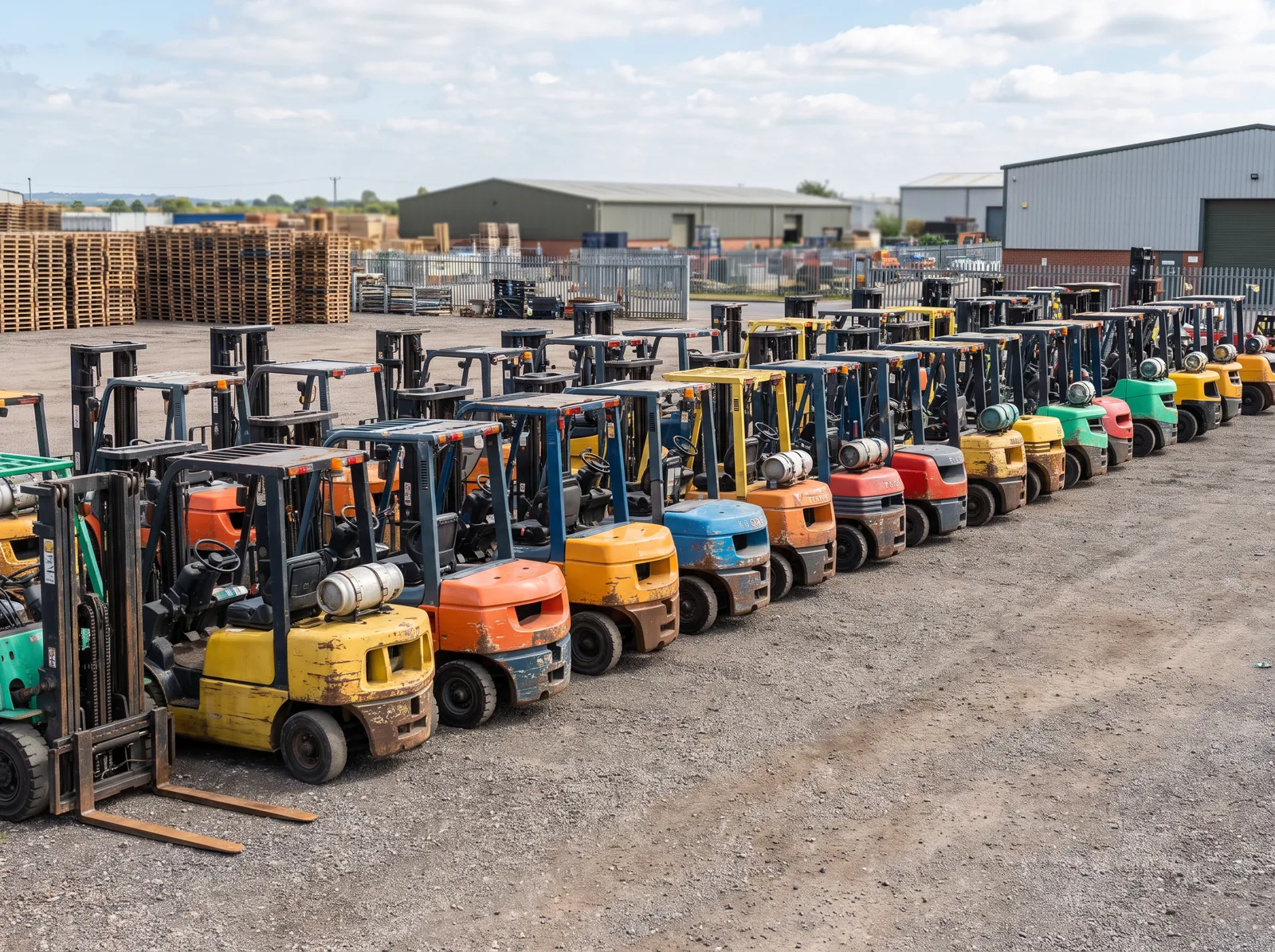 A row of assorted used forklifts of different brands