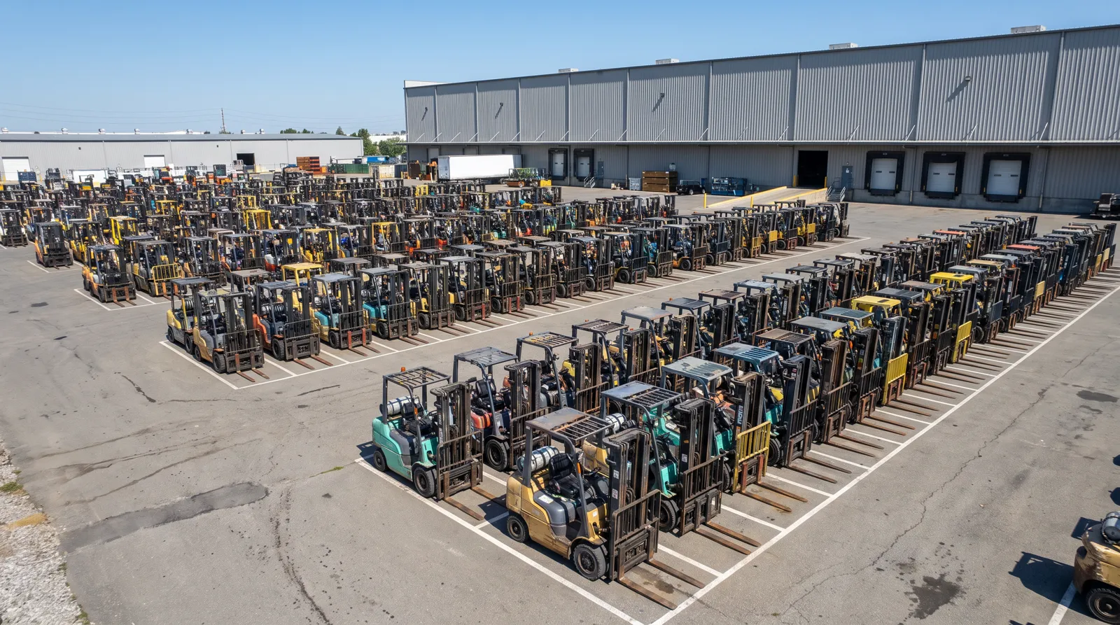 Wide view of an organized fleet yard with rows of forklifts
