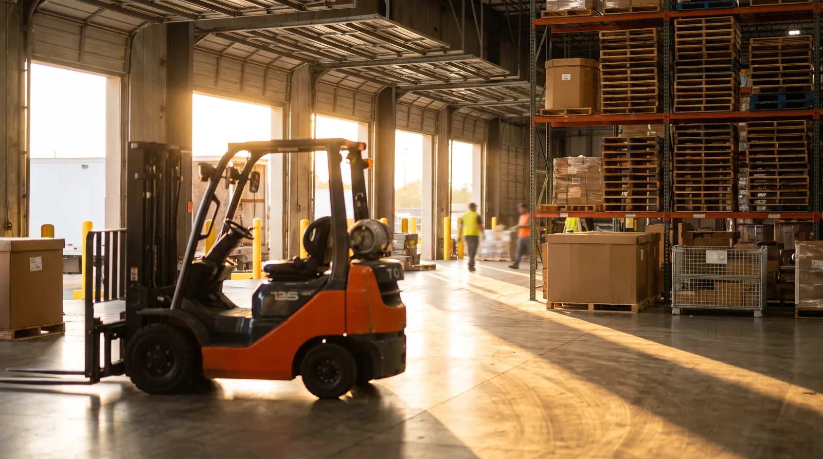 Forklift parked at a warehouse loading dock during golden hour