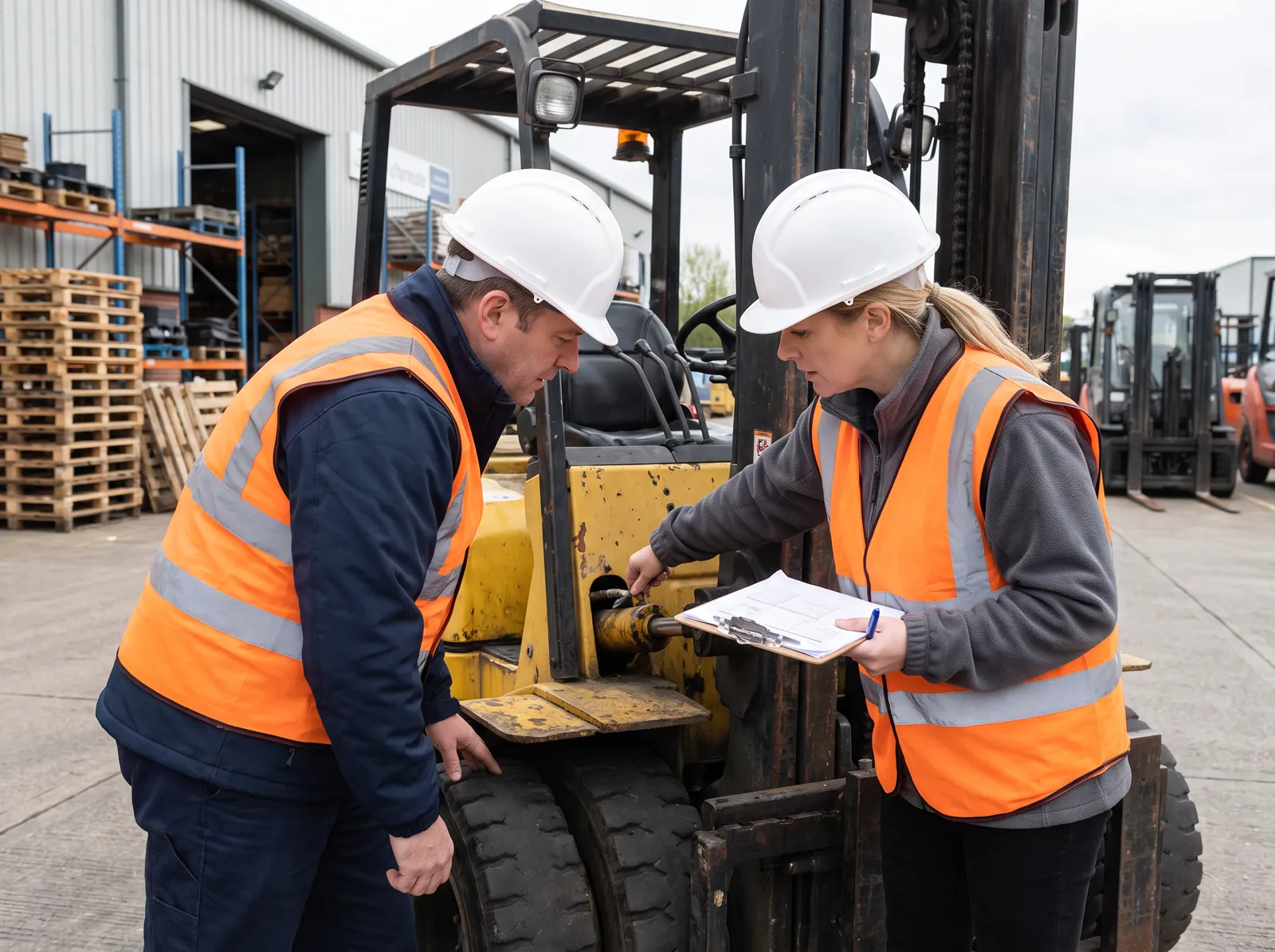 Two inspectors reviewing a used forklift with a clipboard