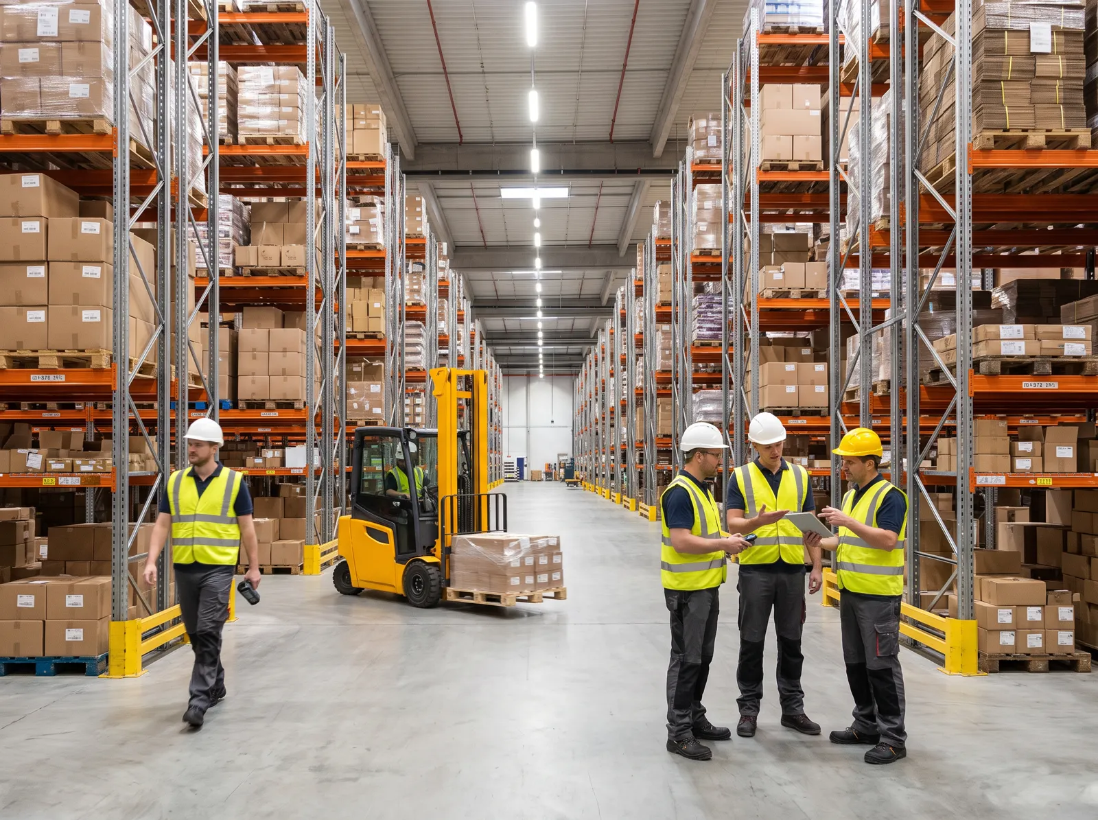Workers coordinating with a forklift operator in a distribution center