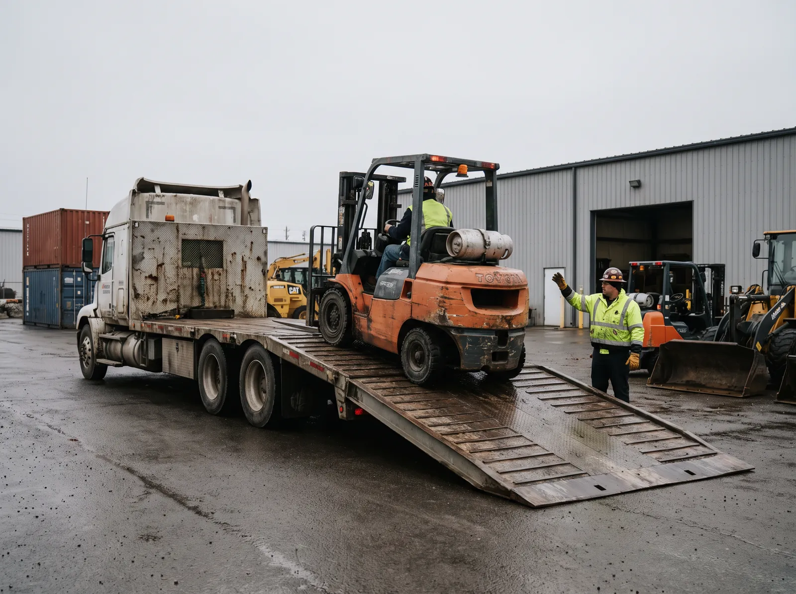 Worker directing a forklift being loaded onto a flatbed trailer